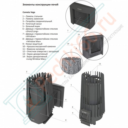 Дровяная банная печь Grill'D Cometa 180 Vega Long Window Max, Stone (Серпентинит)